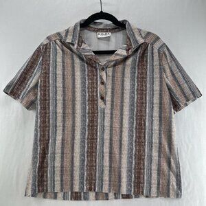 Vtg Gilda of California Shirt Womens L Short Sleeve Pullover Boxy Striped Brown